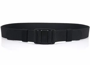 Detail shot of the metal quick release buckle on a black nylon tactical belt for men