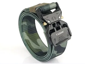 Detail of military camou nylon belt with black quick-release metal buckle and technical specs