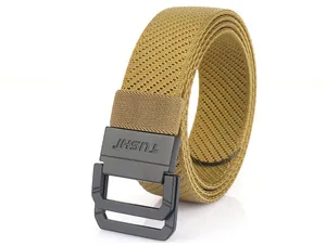 Detail of 3.5cm khaki elastic nylon woven belt with black double ring buckle and TUSHI logo