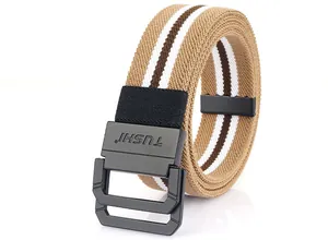 Detail of the brown striped elastic canvas belt featuring a black double-ring metal buckle