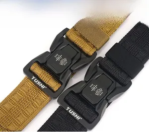 Close-up of quick-release buckles and durable nylon webbing on outdoor tactical belts