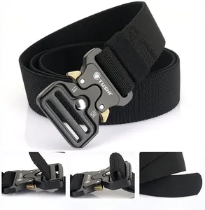 Close-up of tactical nylon belt with durable alloy quick release buckle and metal details