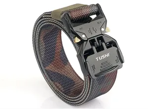 Detail of heavy duty metal quick release buckle on camo nylon tactical belt