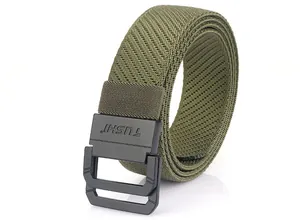 Detailed close-up of army green tactical elastic nylon belt with black double ring buckle