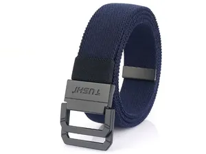 Detailed view of the dark blue elastic woven belt with matte black double-ring buckle