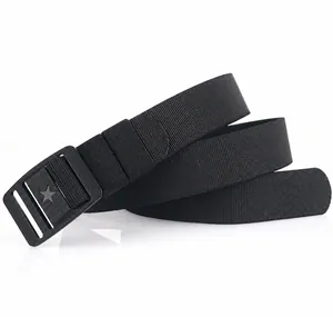 Close-up of thick black elastic nylon tactical belt with star buckle detail