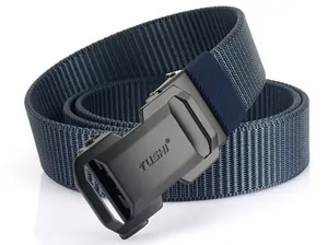 Detailed macro view of the matte black automatic buckle and textured nylon webbing strap