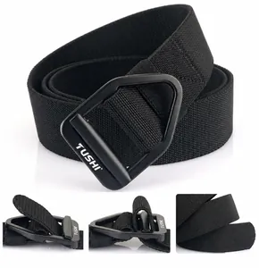 Detail of tactical nylon belt with ergonomic black metal buckle and durable weave texture