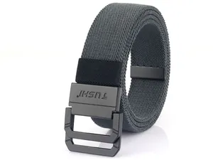 Close-up of charcoal grey woven elastic belt with matte black metal buckle from TUSHI