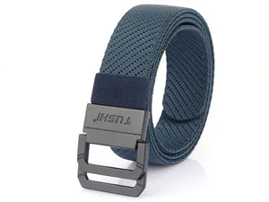 Detail of navy blue elastic woven belt featuring a matte metal double-ring buckle
