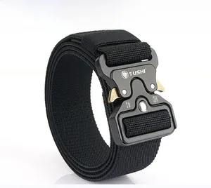 Close-up of black tactical belt with quick-release alloy buckle and heavy-duty nylon strap
