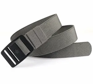 Detailed view of grey-green nylon tactical belt with zinc alloy star buckle and tail design