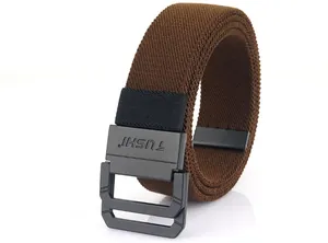 Detail of deep brown woven elastic belt with matte black alloy buckle and logo
