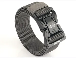Detail of grey tactical nylon belt featuring a heavy-duty quick-release alloy buckle