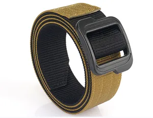 Detail of double-layer nylon tactical belt showing wolf brown texture and plastic buckle