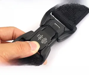 Detail of zinc alloy quick release buckle on high-density black nylon tactical belt