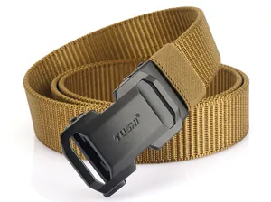 Detail of durable nylon tactical belt with matte black automatic buckle and TUSHI logo
