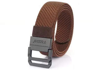 Detail of brown braided nylon belt with matte black buckle and engraved TUSHI logo