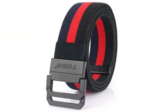 Detail of red and black striped woven belt with a matte black metal buckle