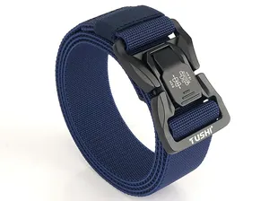 Macro view of quick-release alloy buckle and navy nylon webbing on tactical belt