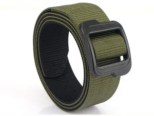 Detail view of heavy-duty dual-layer nylon tactical belt with metal-free plastic buckle