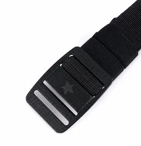 Detail of zinc alloy buckle with star logo on heavy-duty nylon tactical belt