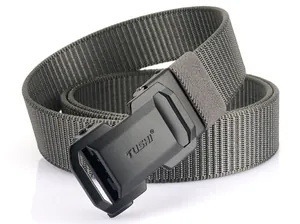 Detail of high-density nylon tactical belt with a matte black automatic metal buckle
