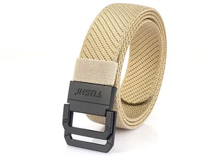 Detail of beige woven nylon belt with matte black double-ring buckle and engraved logo