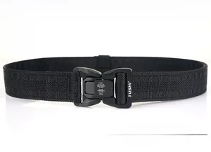 Detail of the quick-release metal buckle on a 3.8cm black nylon tactical outdoor belt