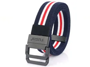 Close-up of navy canvas elastic belt with red stripes and black double D-ring buckle