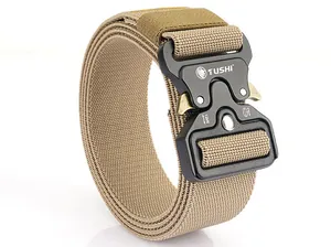 Detail of khaki tactical belt with zinc alloy quick-release buckle and logo