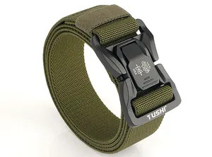 Close-up of army green tactical nylon belt featuring a quick-release alloy buckle and logo