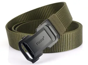 Close-up of army green nylon tactical belt with a matte black automatic buckle