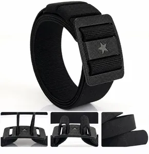 Close-up of ergonomic black matte buckle with star pattern and nylon tactical belt texture