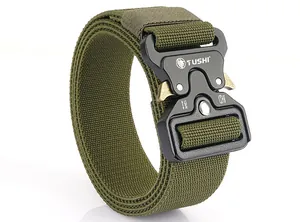Detail of army green nylon tactical belt with metal buckle showing 12kN tensile strength