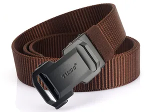 Detailed close-up of dark brown woven nylon belt with black matte automatic alloy buckle
