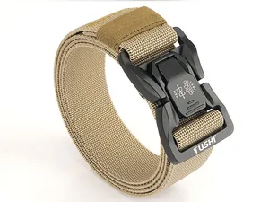 Close-up of tactical nylon belt with quick-release alloy buckle and brand logo details