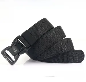 Close-up of durable tactical nylon belt with thick woven texture and quick release buckle