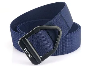 Close-up of navy blue tactical nylon belt with black triangular metal buckle