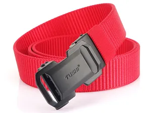 Close-up of men's red nylon belt with matte black automatic buckle detail