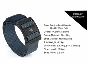 Detail of navy nylon tactical belt with zinc alloy double star buckle and dimensions