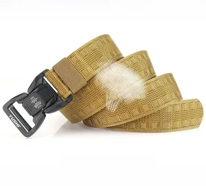 Close-up of tactical nylon belt with zinc alloy quick release buckle in wolf brown