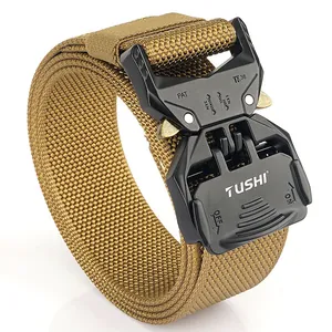 Men's khaki nylon tactical belt featuring a quick-release matte black metal buckle