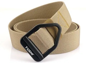 Close-up of khaki nylon webbing texture and black D-ring buckle on tactical belt
