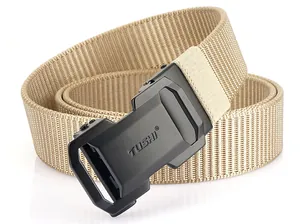Macro detail of khaki tactical nylon belt with matte black alloy automatic buckle