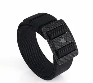 Close-up of black tactical nylon belt with matte finish buckle and star pattern