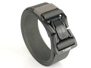 Detail shot of heavy-duty nylon tactical belt with a quick-release alloy buckle