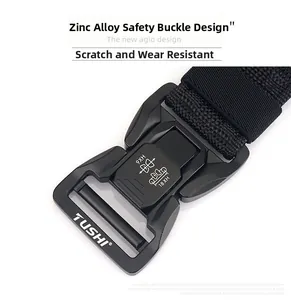 Close-up of black zinc alloy quick release buckle on heavy duty nylon webbing belt