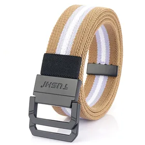 Men's Casual Elastic Woven Canvas Belt With Zinc Alloy Double D Ring Buckle Adjustable Striped Fabric Waist Strap For Outdoor