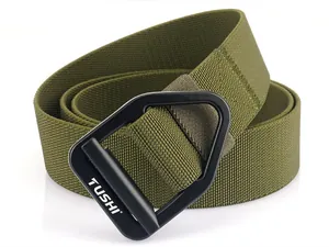 Close-up of military green tactical nylon belt with matte black D-ring buckle